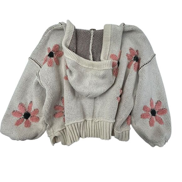 POL Floral Pattern Hooded Cropped Sweater Women Small Pink Cream Boxy - Picture 2 of 8